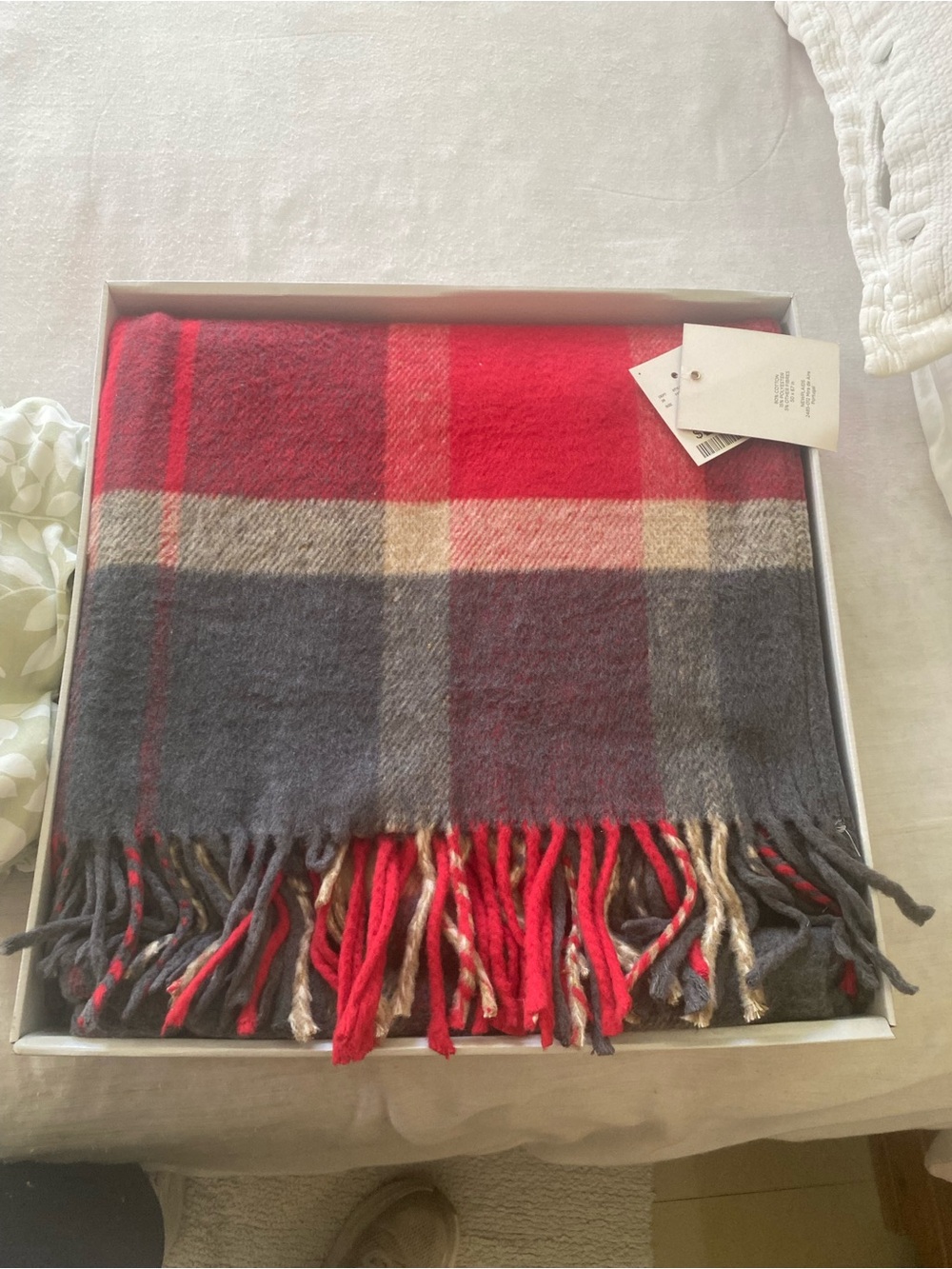 Cozy Red & Gray Plaid Fringe Scarf